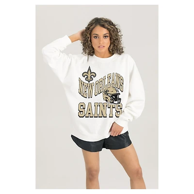 Women's Gameday Couture  White New Orleans Saints Oversized Hard Earned Premium Fleece Pullover Sweatshirt