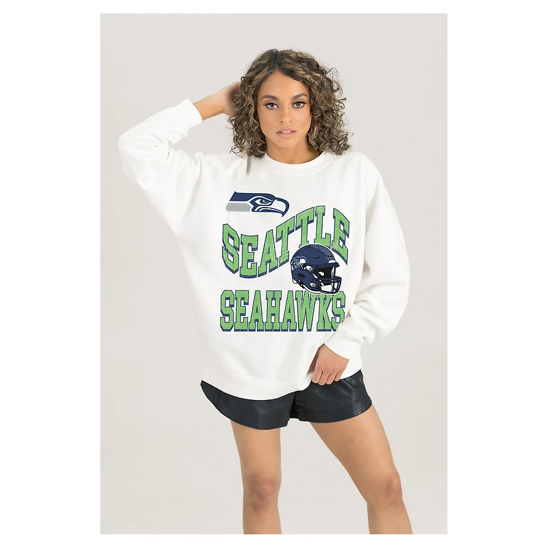 Women's Gameday Couture  White Seattle Seahawks Oversized Hard Earned Premium Fleece Pullover Sweatshirt