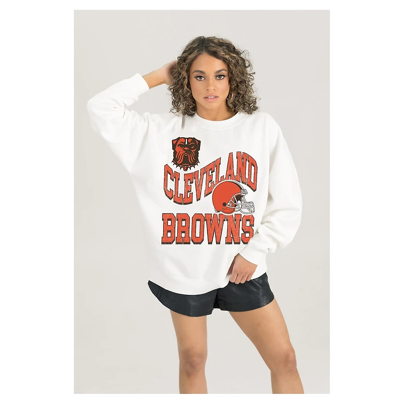Women's Gameday Couture  White Cleveland Browns Oversized Hard Earned Premium Fleece Pullover Sweatshirt