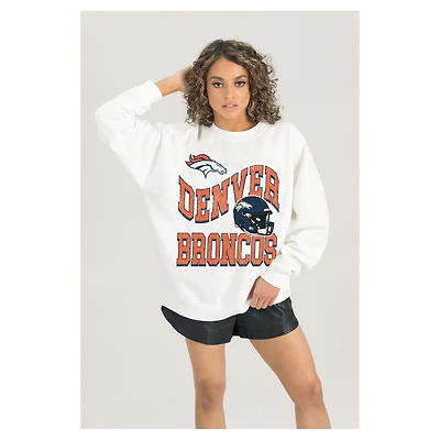 Women's Gameday Couture  White Denver Broncos Oversized Hard Earned Premium Fleece Pullover Sweatshirt