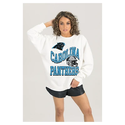 Women's Gameday Couture  White Carolina Panthers Oversized Hard Earned Premium Fleece Pullover Sweatshirt
