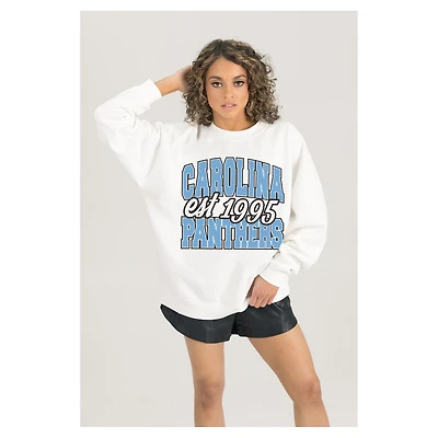 Women's Gameday Couture  White Carolina Panthers Oversized Faded Formation Premium Fleece Pullover Sweatshirt