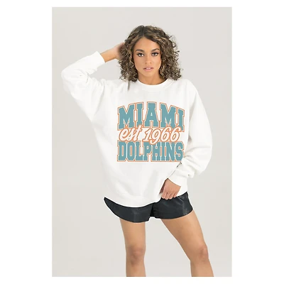 Women's Gameday Couture  White Miami Dolphins Oversized Faded Formation Premium Fleece Pullover Sweatshirt