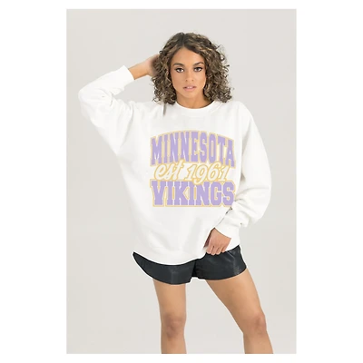 Women's Gameday Couture  White Minnesota Vikings Oversized Faded Formation Premium Fleece Pullover Sweatshirt