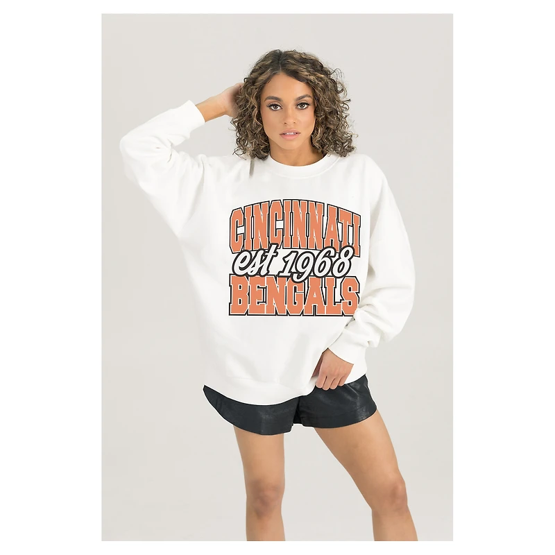 Women's Gameday Couture  White Cincinnati Bengals Oversized Faded Formation Premium Fleece Pullover Sweatshirt