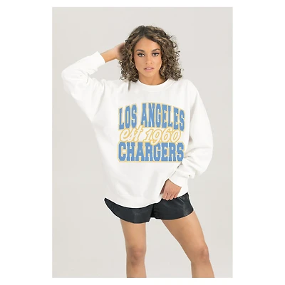 Women's Gameday Couture White Los Angeles Chargers Oversized Faded Formation Premium Fleece Pullover Sweatshirt