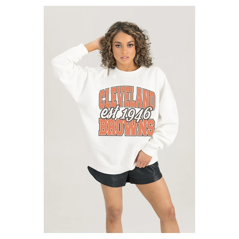 Women's Gameday Couture  White Cleveland Browns Oversized Faded Formation Premium Fleece Pullover Sweatshirt