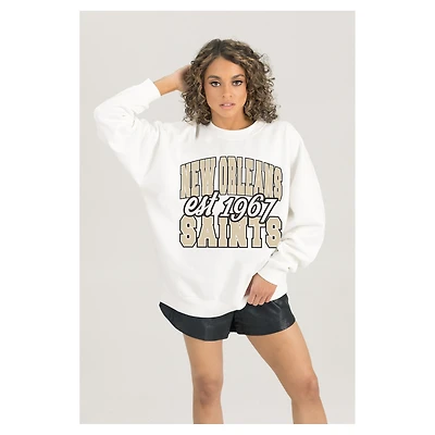 Women's Gameday Couture  White New Orleans Saints Oversized Faded Formation Premium Fleece Pullover Sweatshirt