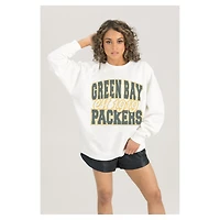 Women's Gameday Couture  White Green Bay Packers Oversized Faded Formation Premium Fleece Pullover Sweatshirt