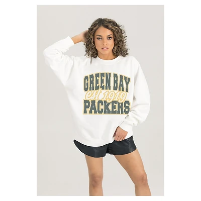 Women's Gameday Couture  White Green Bay Packers Oversized Faded Formation Premium Fleece Pullover Sweatshirt