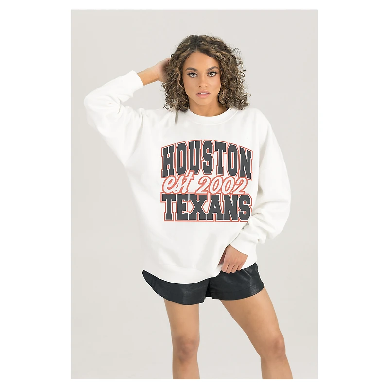 Women's Gameday Couture  White Houston Texans Oversized Faded Formation Premium Fleece Pullover Sweatshirt