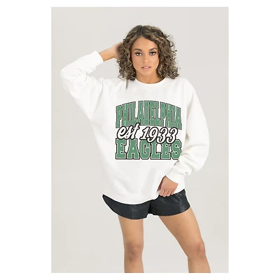Women's Gameday Couture  White Philadelphia Eagles Oversized Faded Formation Premium Fleece Pullover Sweatshirt