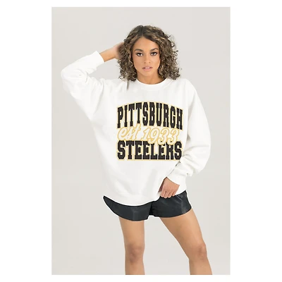 Women's Gameday Couture  White Pittsburgh Steelers Oversized Faded Formation Premium Fleece Pullover Sweatshirt