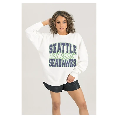 Women's Gameday Couture  White Seattle Seahawks Oversized Faded Formation Premium Fleece Pullover Sweatshirt