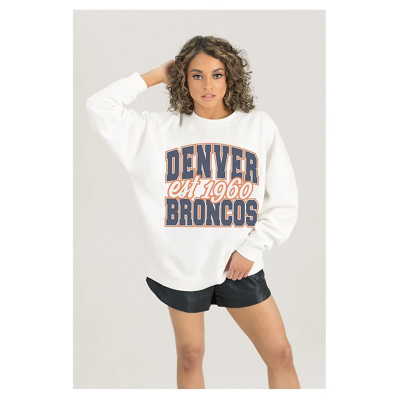 Women's Gameday Couture  White Denver Broncos Oversized Faded Formation Premium Fleece Pullover Sweatshirt