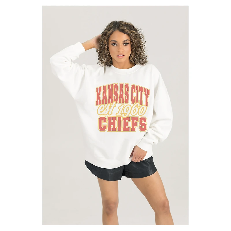 Women's Gameday Couture White Kansas City Chiefs Oversized Faded Formation Premium Fleece Pullover Sweatshirt