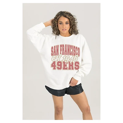 Women's Gameday Couture  White San Francisco 49ers Oversized Faded Formation Premium Fleece Pullover Sweatshirt