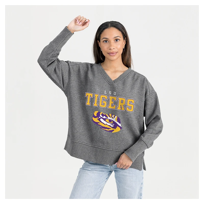 Women's Gameday Couture  Gray LSU Tigers French Terry V-Neck Pullover Sweatshirt