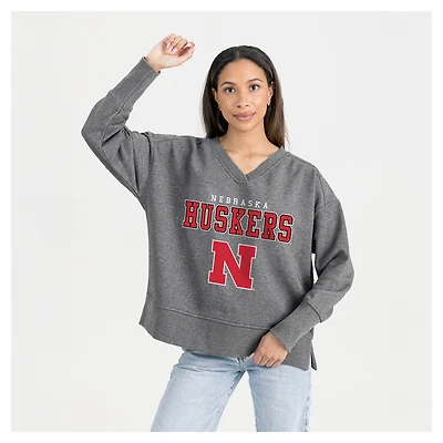 Women's Gameday Couture Gray Nebraska Huskers French Terry V-Neck Pullover Sweatshirt