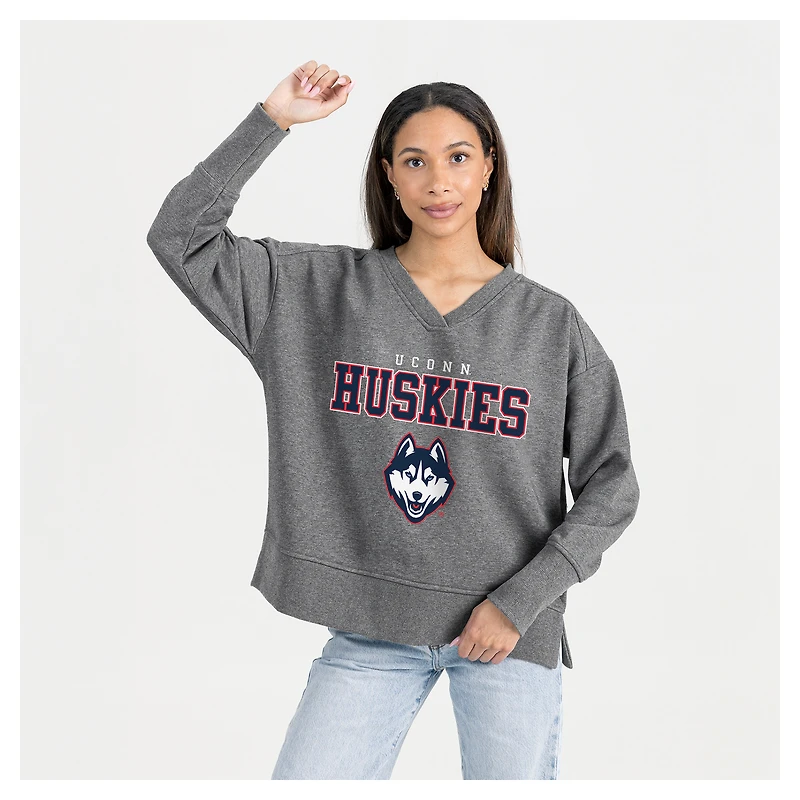 Women's Gameday Couture  Gray UConn Huskies French Terry V-Neck Pullover Sweatshirt