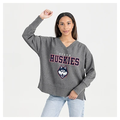 Women's Gameday Couture  Gray UConn Huskies French Terry V-Neck Pullover Sweatshirt