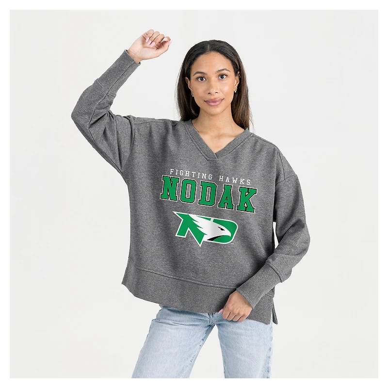 Women's Gameday Couture  Gray North Dakota French Terry V-Neck Pullover Sweatshirt