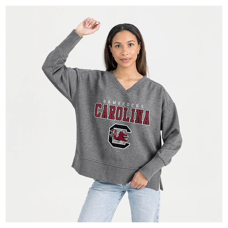 Women's Gameday Couture Gray South Carolina Gamecocks French Terry V-Neck Pullover Sweatshirt