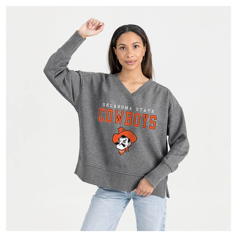Women's Gameday Couture  Gray Oklahoma State Cowboys French Terry V-Neck Pullover Sweatshirt