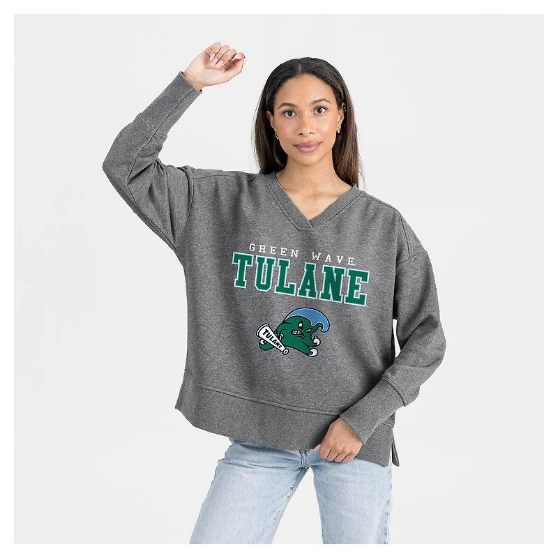 Women's Gameday Couture  Gray Tulane Green Wave French Terry V-Neck Pullover Sweatshirt