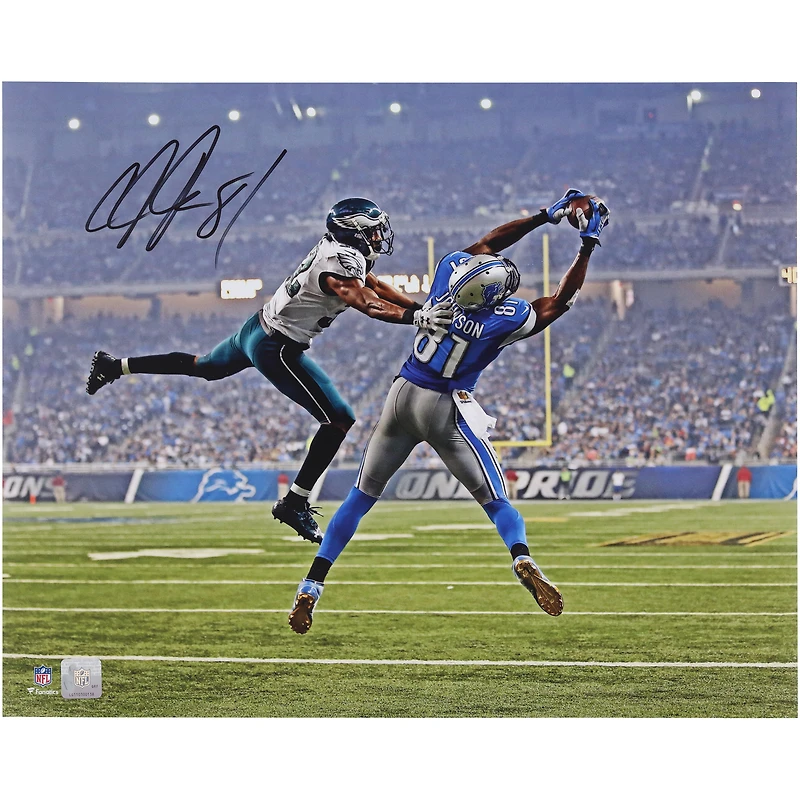 Calvin Johnson Detroit Lions Autographed 16" x 20" Leaping Touchdown Photograph