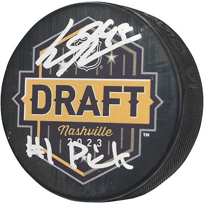 Connor Bedard Chicago Blackhawks Autographed 2023 NHL Draft Hockey Puck with "#1 Pick" Inscription