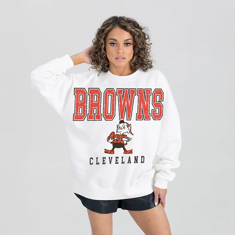Women's Gameday Couture White Cleveland Browns Classic Sunday Drives Oversized Premium Fleece Pullover Sweatshirt