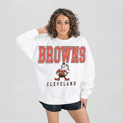 Women's Gameday Couture  White Cleveland Browns Classic Sunday Drives Oversized Premium Fleece Pullover Sweatshirt