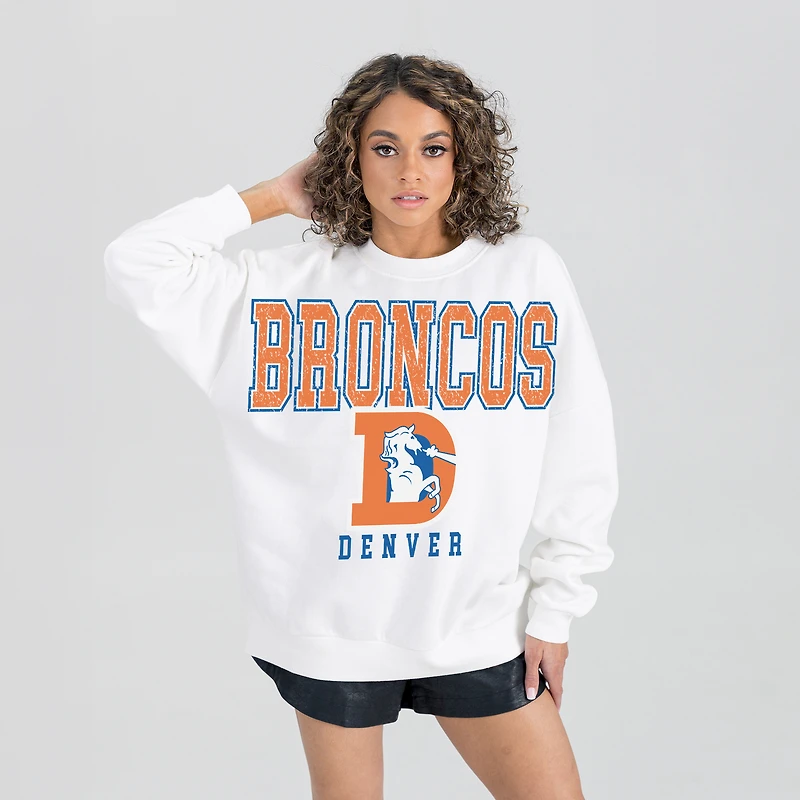 Women's Gameday Couture  White Denver Broncos Classic Sunday Drives Oversized Premium Fleece Pullover Sweatshirt