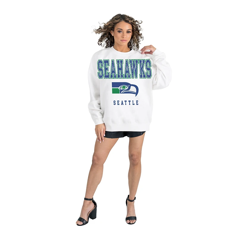 Women's Gameday Couture White Seattle Seahawks Classic Sunday Drives Oversized Premium Fleece Pullover Sweatshirt