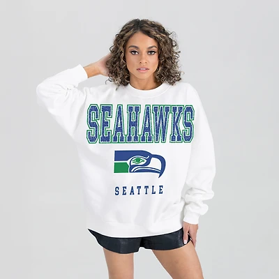Women's Gameday Couture  White Seattle Seahawks Classic Sunday Drives Oversized Premium Fleece Pullover Sweatshirt