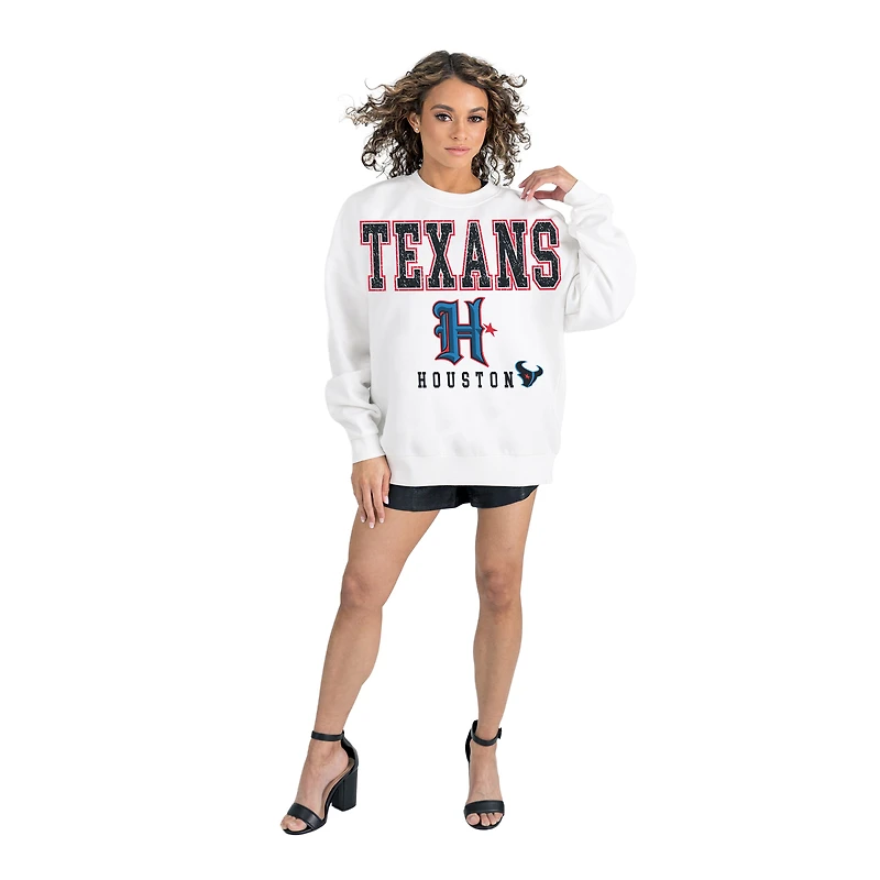 Women's Gameday Couture  White Houston Texans Classic Sunday Drives Oversized Premium Fleece Pullover Sweatshirt