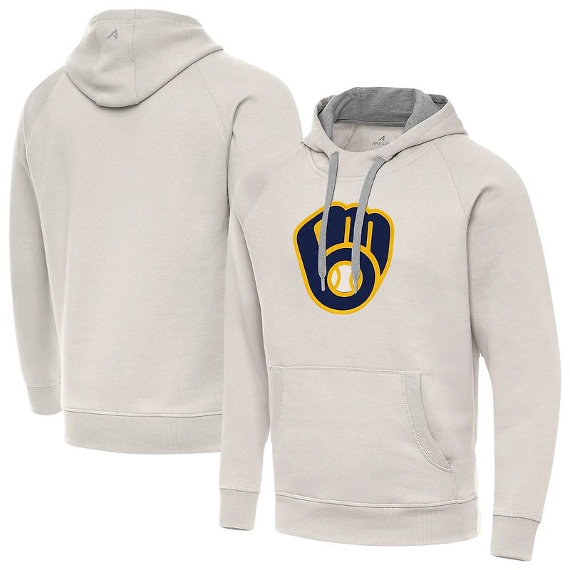 Men's Antigua Cream Milwaukee Brewers Victory Pullover Hoodie