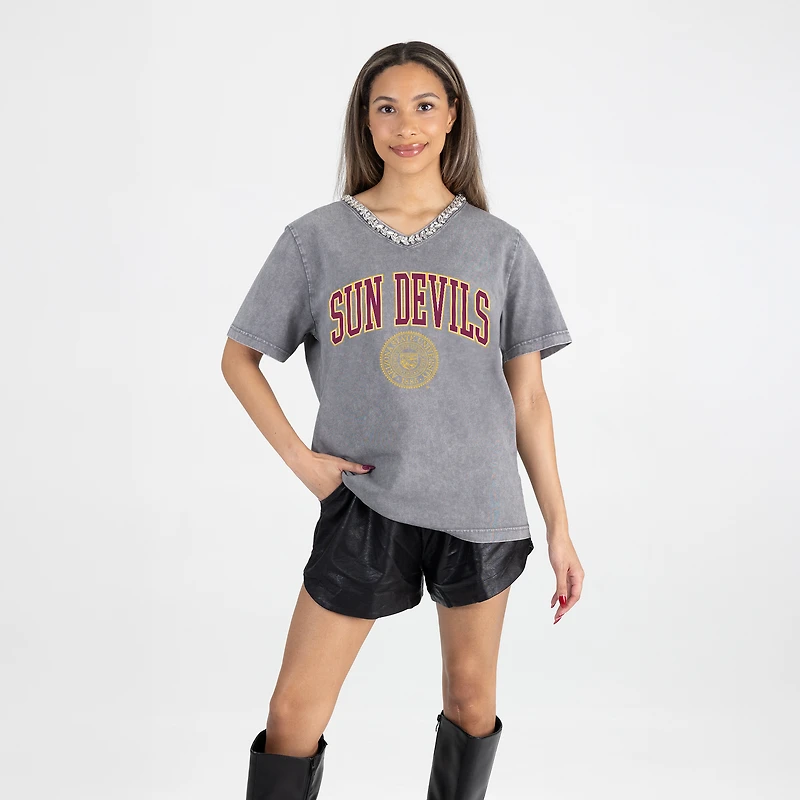 Women's Gameday Couture Gray Arizona State Sun Devils Iconic Edge Rhinestone V-Neck T-Shirt
