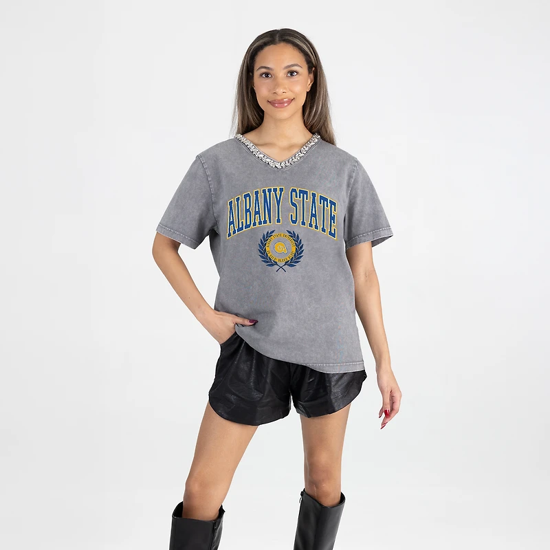 Women's Gameday Couture Gray Albany State Golden Rams Iconic Edge Rhinestone V-Neck T-Shirt