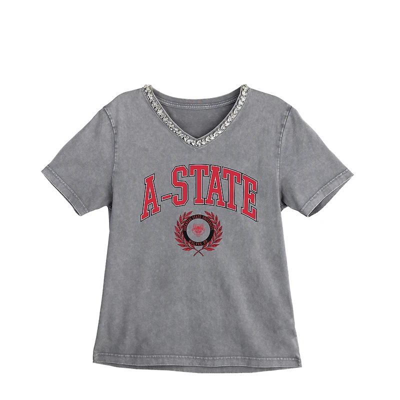 Women's Gameday Couture Gray Arkansas State Red Wolves Iconic Edge Rhinestone V-Neck T-Shirt