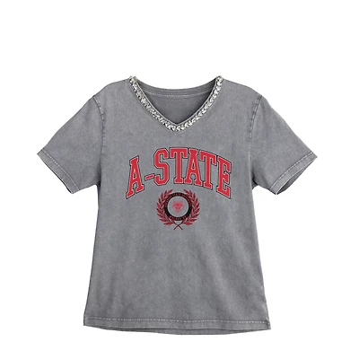 Women's Gameday Couture Gray Arkansas State Red Wolves Iconic Edge Rhinestone V-Neck T-Shirt