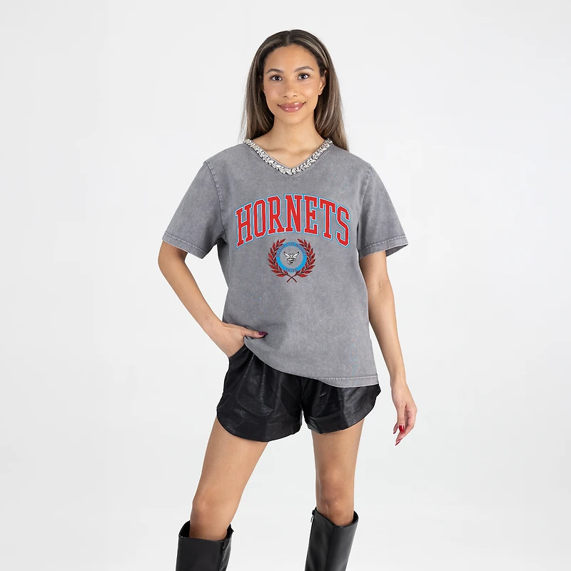 Women's Gameday Couture Gray Delaware State Hornets Iconic Edge Rhinestone V-Neck T-Shirt