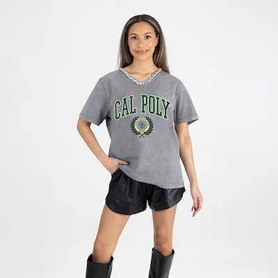 Women's Gameday Couture Gray Cal Poly Mustangs Iconic Edge Rhinestone V-Neck T-Shirt