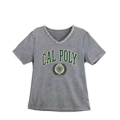 Women's Gameday Couture Gray Cal Poly Mustangs Iconic Edge Rhinestone V-Neck T-Shirt