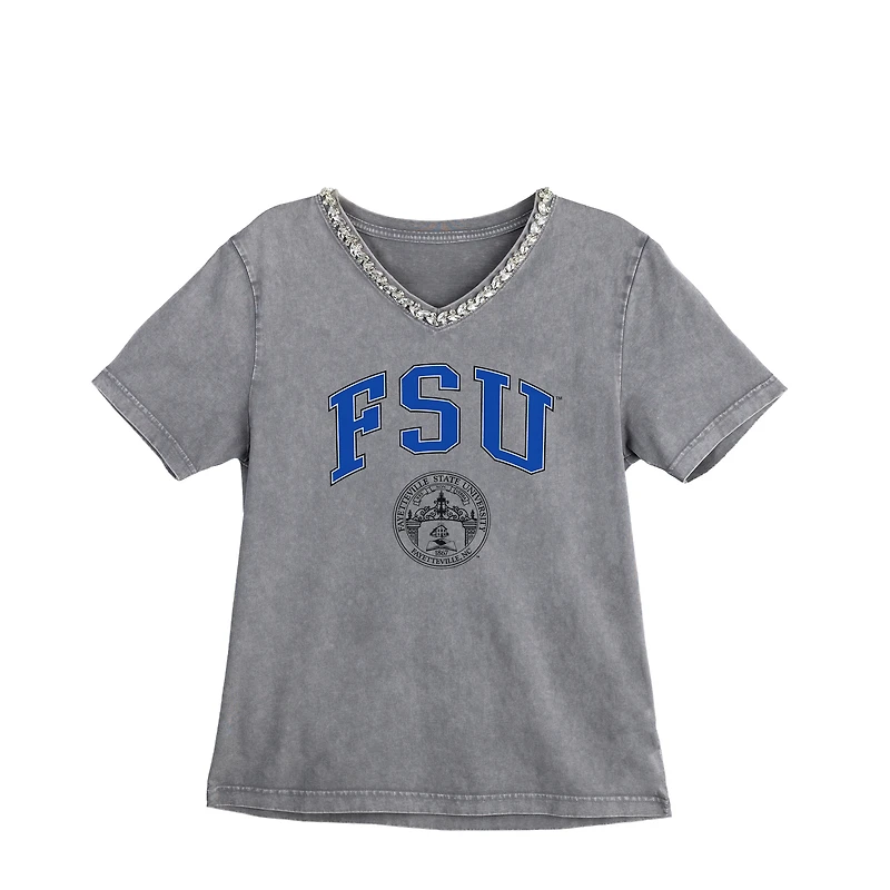 Women's Gameday Couture Gray Fayetteville State Broncos Iconic Edge Rhinestone V-Neck T-Shirt