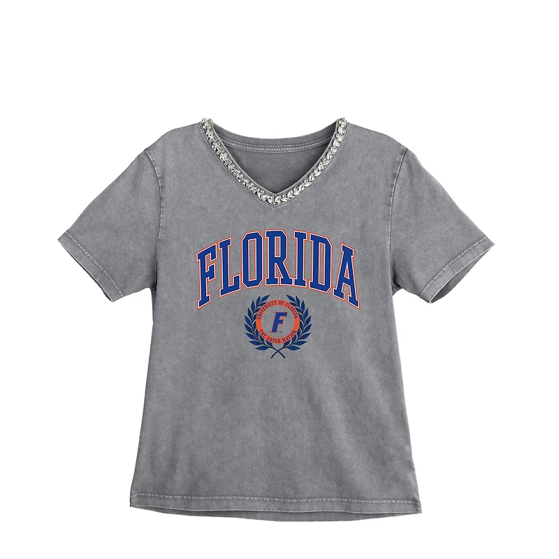 Women's Gameday Couture Gray Florida Gators Iconic Edge Rhinestone V-Neck T-Shirt