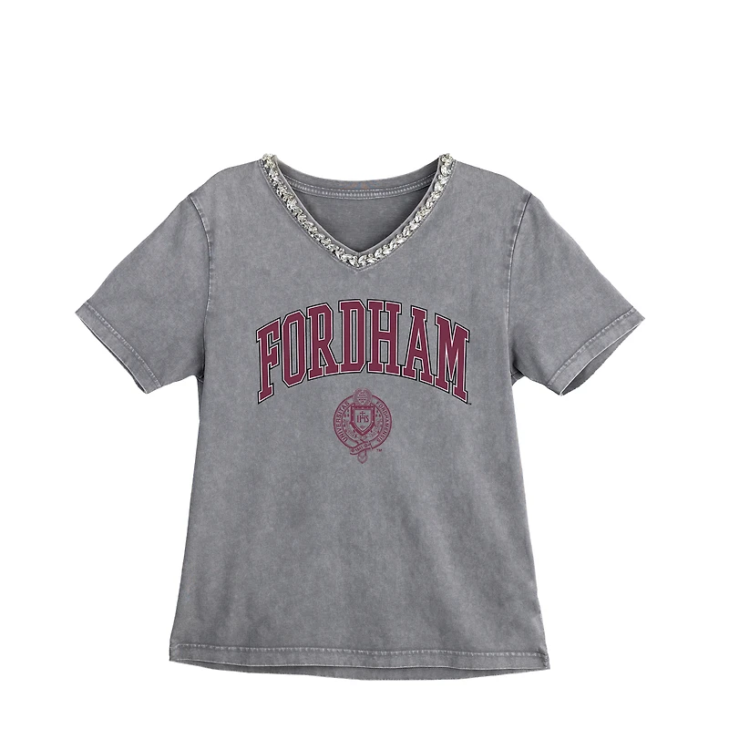 Women's Gameday Couture Gray Fordham Rams Iconic Edge Rhinestone V-Neck T-Shirt