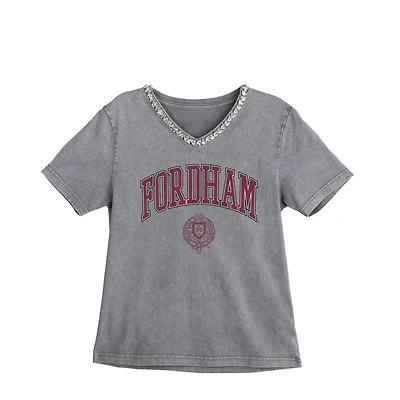 Women's Gameday Couture Gray Fordham Rams Iconic Edge Rhinestone V-Neck T-Shirt