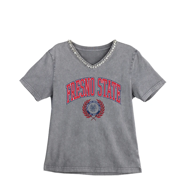 Women's Gameday Couture Gray Fresno State Bulldogs Iconic Edge Rhinestone V-Neck T-Shirt
